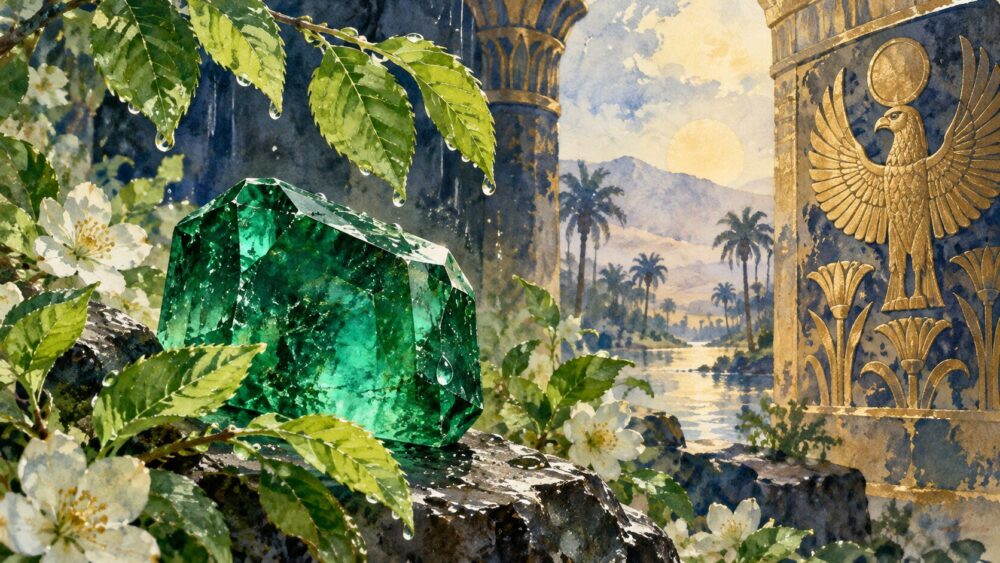 雨粒の残る五月の若葉と、古代風の金色装飾に囲まれたエメラルド。