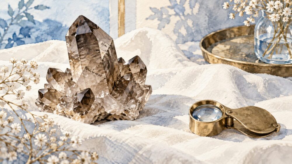 アイボリーの布に置かれた半透明のスモーキークォーツ結晶