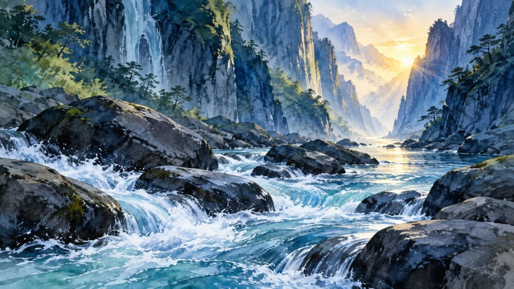 静かな湖面に差す朝の光を見つめる女性。
