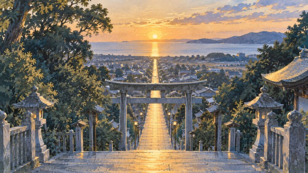 宮地嶽神社の参道から海へ伸びる、夕日に照らされた光の道。