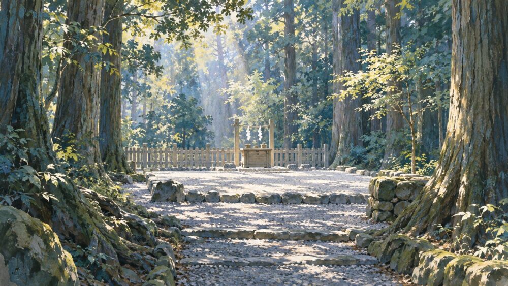 杉木立の奥にある宗像大社の高宮祭場。