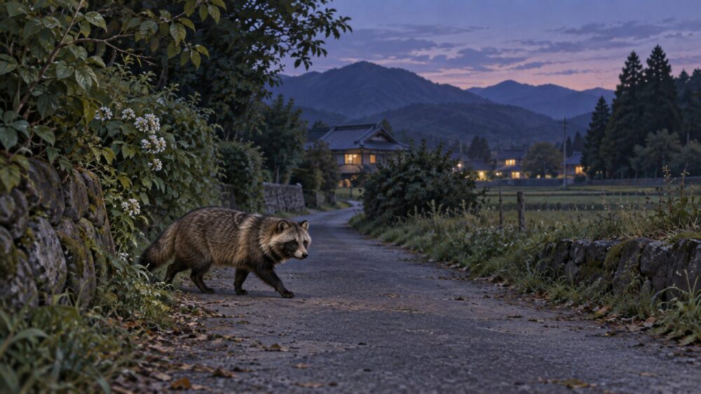 夕暮れの静かな田舎道を横切るたぬき。
