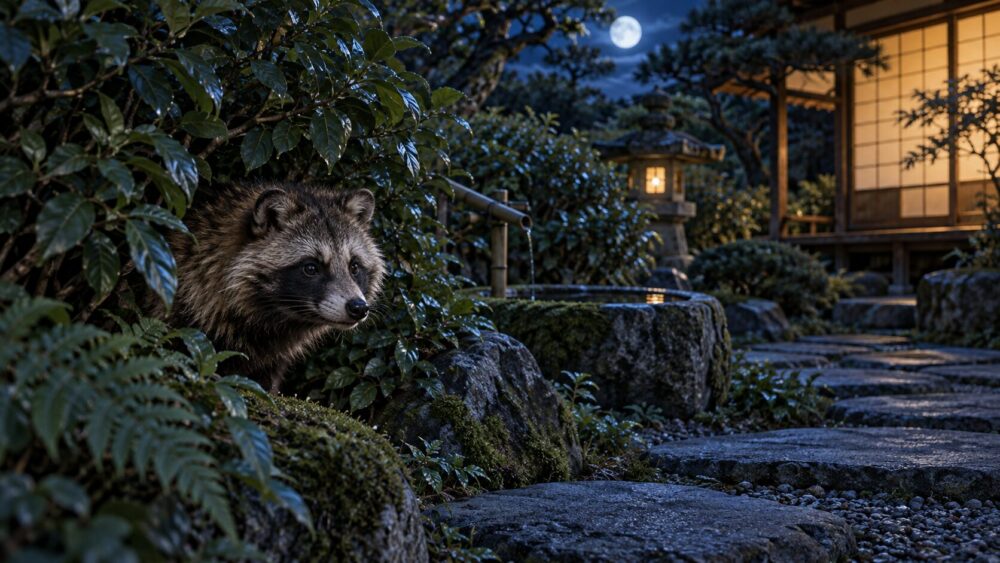 月夜の日本家屋の庭で、植え込みから顔をのぞかせるたぬき。