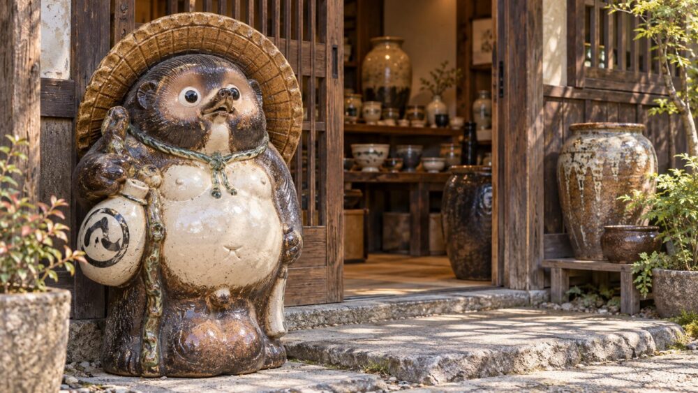 店先に置かれた、笠と徳利を持つ信楽焼のたぬき像。