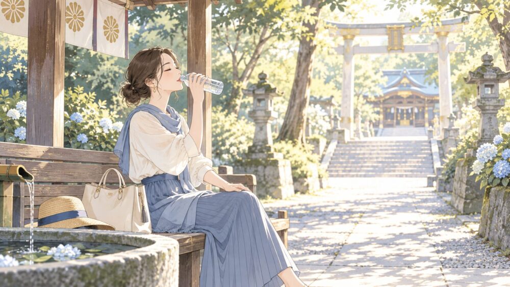 参拝後に木陰で休み、水分を取る女性。
