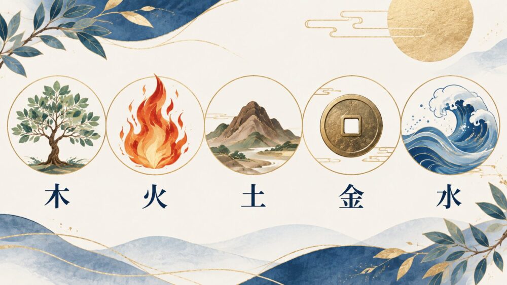 木・火・土・金・水の五行を神社との相性に沿って示す図解。