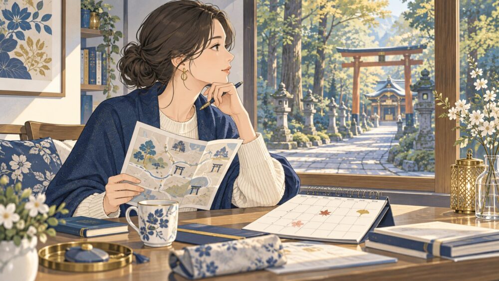 地図と予定表を見ながら参拝を考える女性。