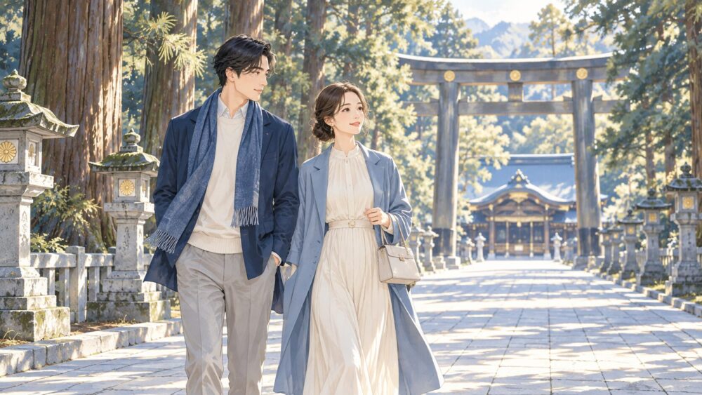 伊勢神宮の境内を二人で歩き、参拝する男女。