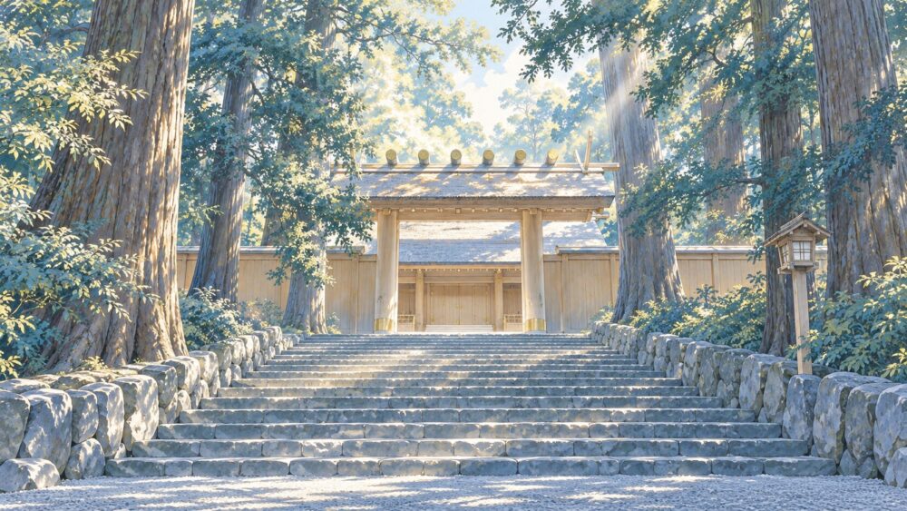 伊勢神宮の参道を進み、正宮へ向かう石段。