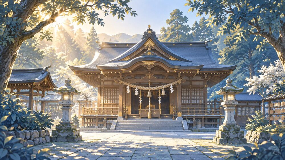 木々に囲まれた伊勢神宮の社殿。