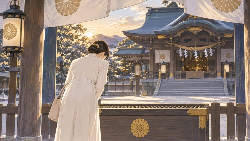 鳥居の前で一礼して参拝する女性。