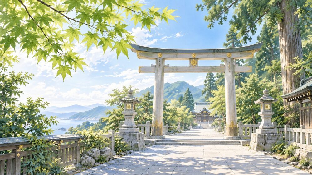 緑の木々に囲まれた神社の鳥居。