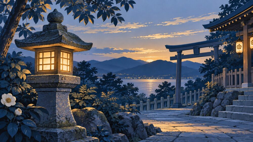 夕暮れの伊勢神宮にともる石灯籠。