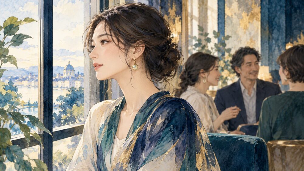 窓辺で周囲の会話を静かに見守る女性。
