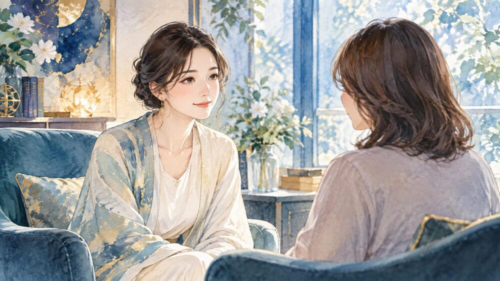 面談室で相談者に向き合う女性カウンセラー。