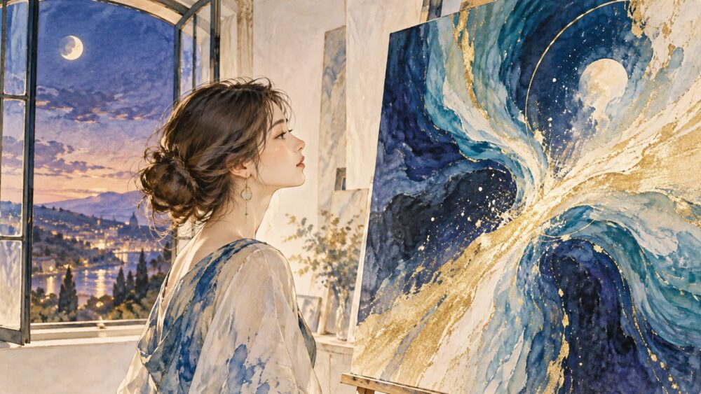 二色の抽象画を見つめる女性作家。