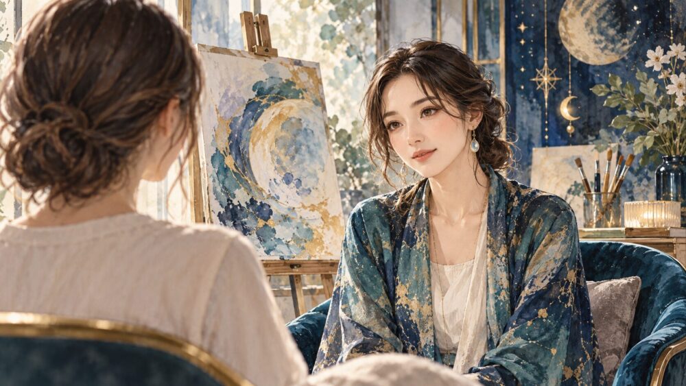 アトリエで相談者に向き合う女性カウンセラー。