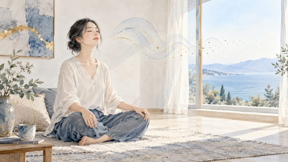 静かな部屋で深呼吸し、雑念や身体の記憶から意識を離す様子。