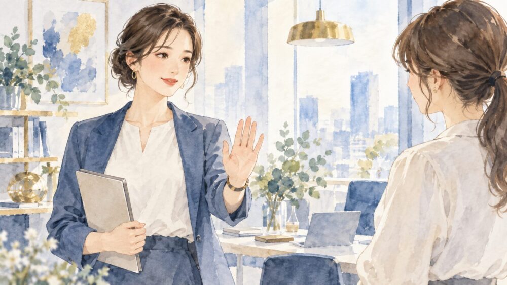 職場で穏やかに手を示して境界線を伝える女性と、尊重して話を聞く同僚。