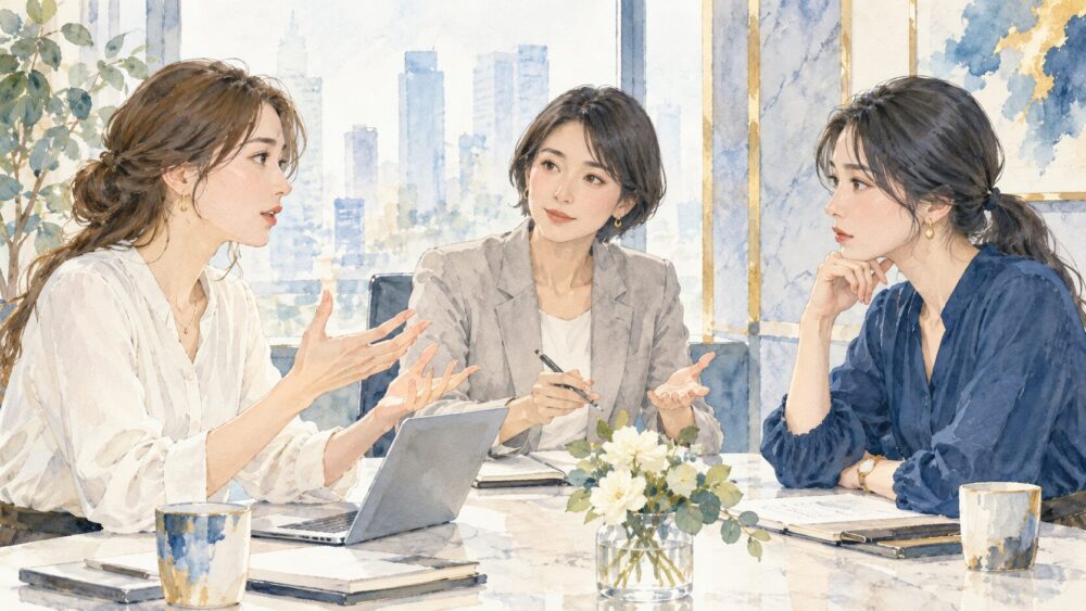 会議で意見を交わし、第三者の同僚が間に入って話を整理する場面。