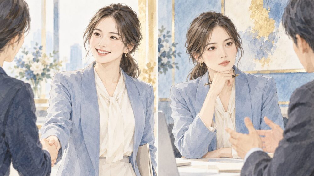 挨拶では笑顔、議論では真剣な表情を見せる同じ女性と同僚。