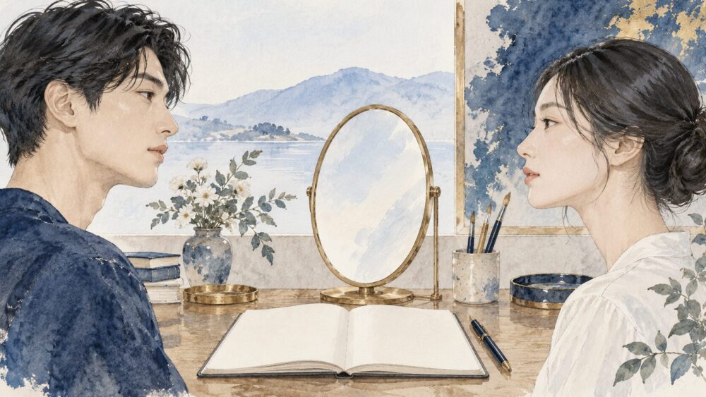 異なる顔立ちを決めつけずに見比べ、ノートに気づきを書く二人。