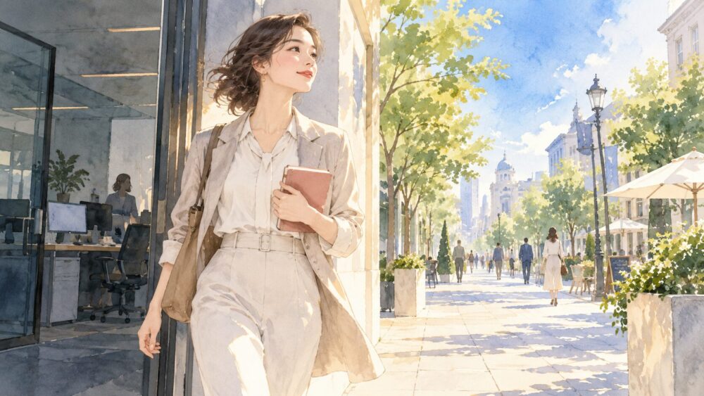 オフィスを出て青空の歩道へ歩き出す女性。