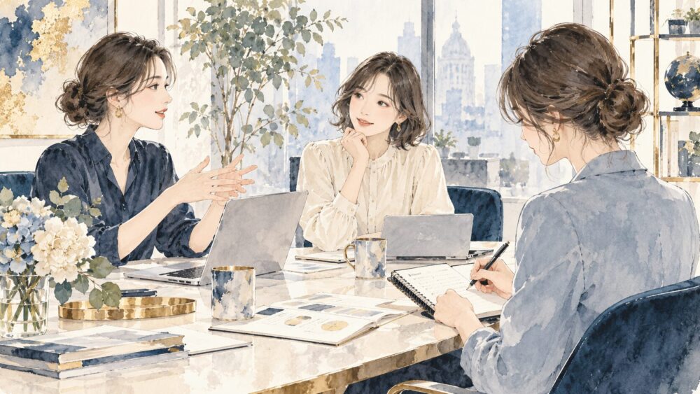 職場の打ち合わせで、共有した企画の貢献をノートに記録する女性。