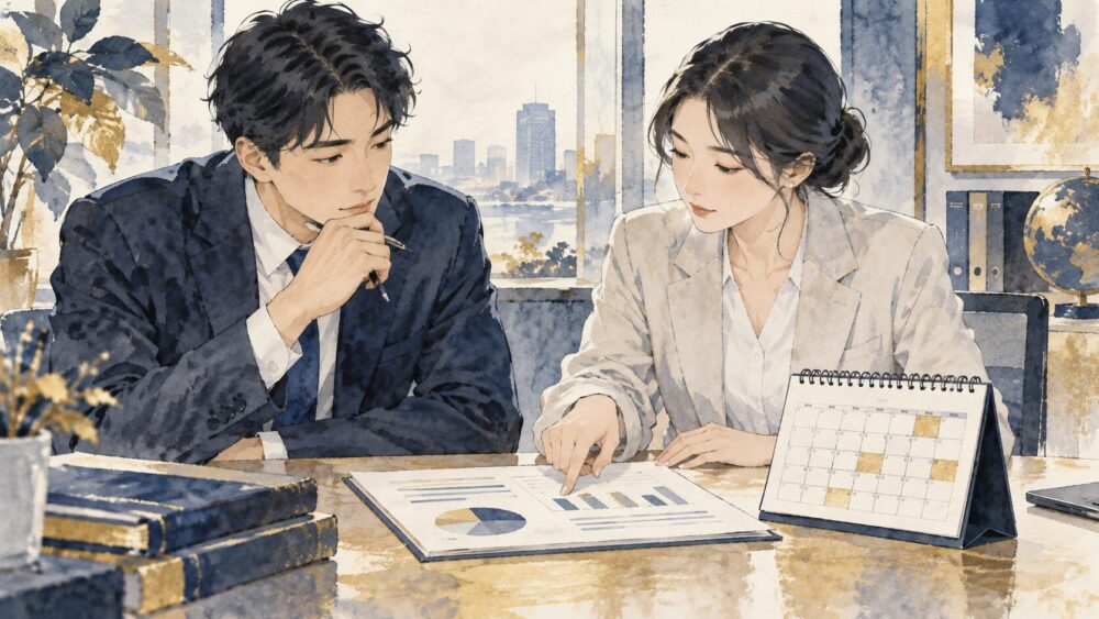 報告書と予定表を照らし合わせ、記載の違いを落ち着いて確認する同僚。