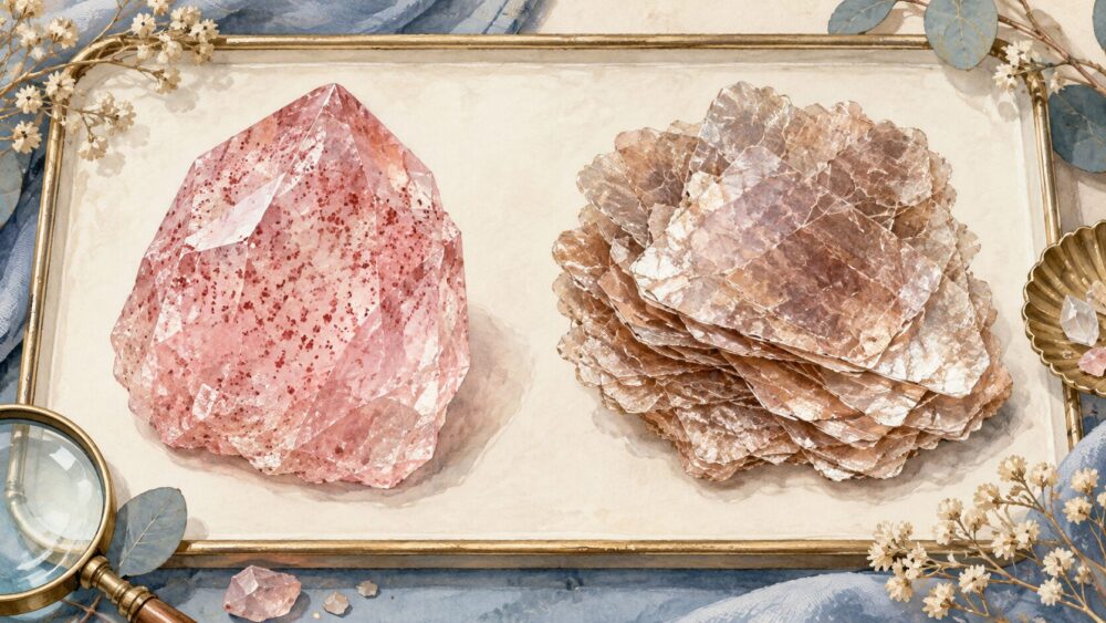粒模様のピンククォーツと薄片状モスコバイトの比較