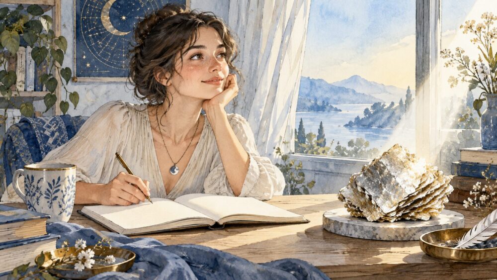 窓辺でノートに考えを書き留める女性と雲母結晶