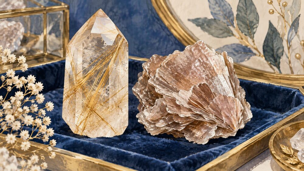 金色の針を含むルチルクォーツと層状モスコバイト