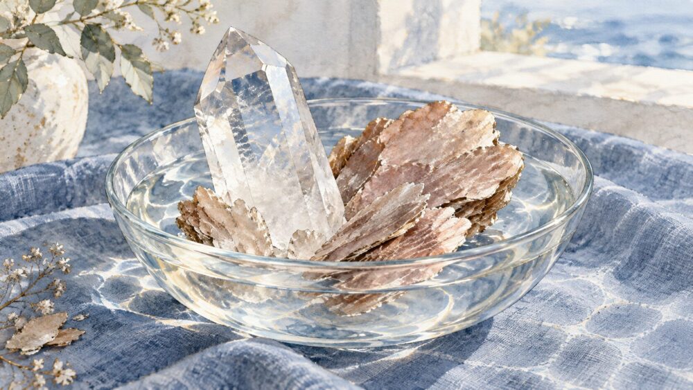 透明な水晶ポイントと赤褐色モスコバイト
