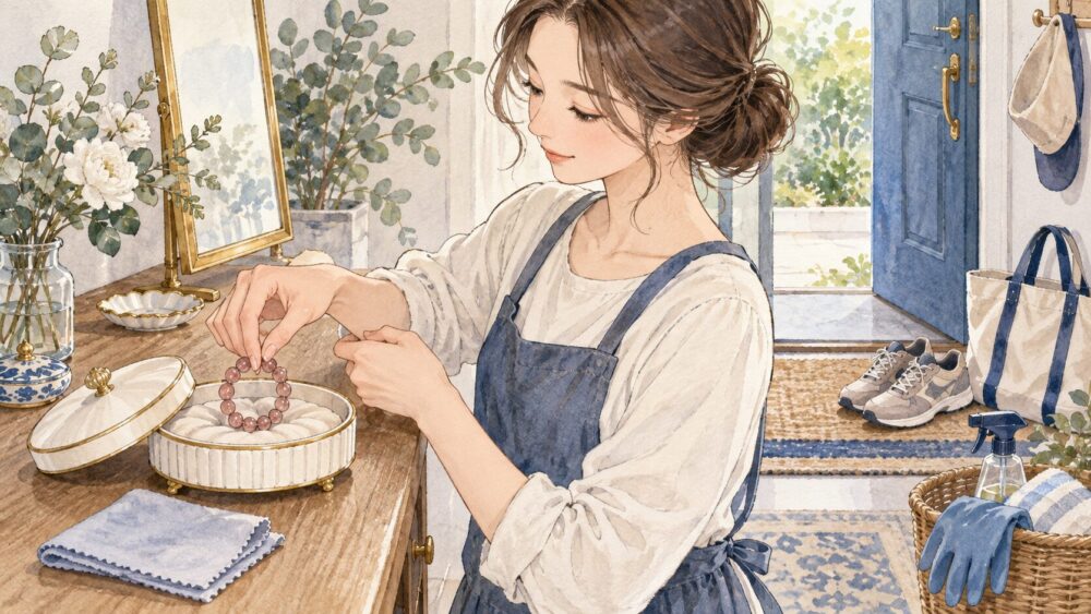 家事の前にモスコバイトのブレスレットを外して保管する女性