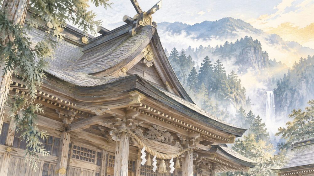 高千穂神社の本殿を屋根近くから望む水彩画