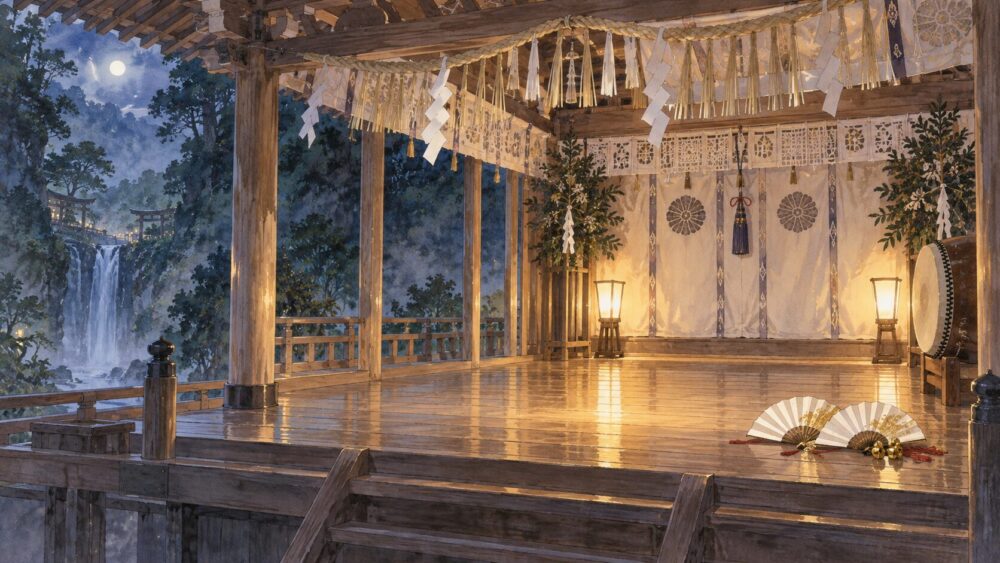 高千穂神社の神楽殿を描いた夜の水彩画