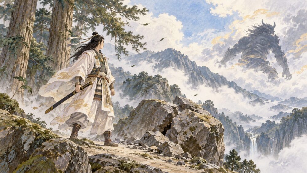 三毛入野命の鬼八退治伝説を描いた神話的な場面
