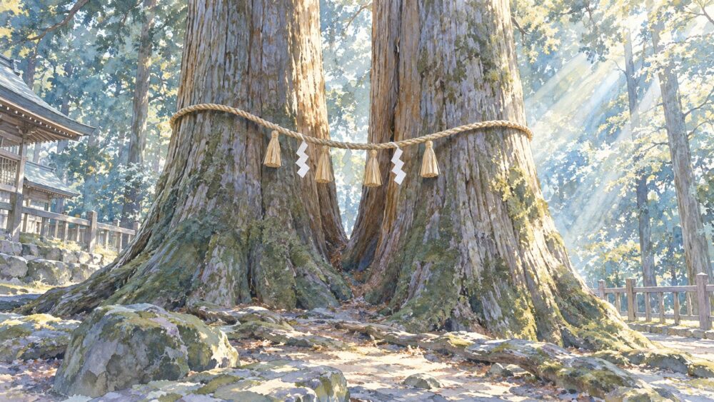高千穂神社の夫婦杉を描いた水彩画