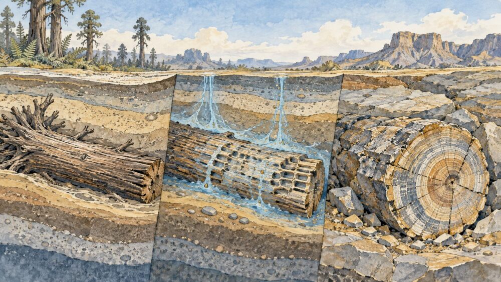 地中の木が珪酸を含む地下水に置換され、年輪を残した珪化木になる過程