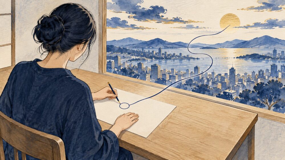 目標をノートに描く女性と、広い町や空を結ぶ細い青い線。