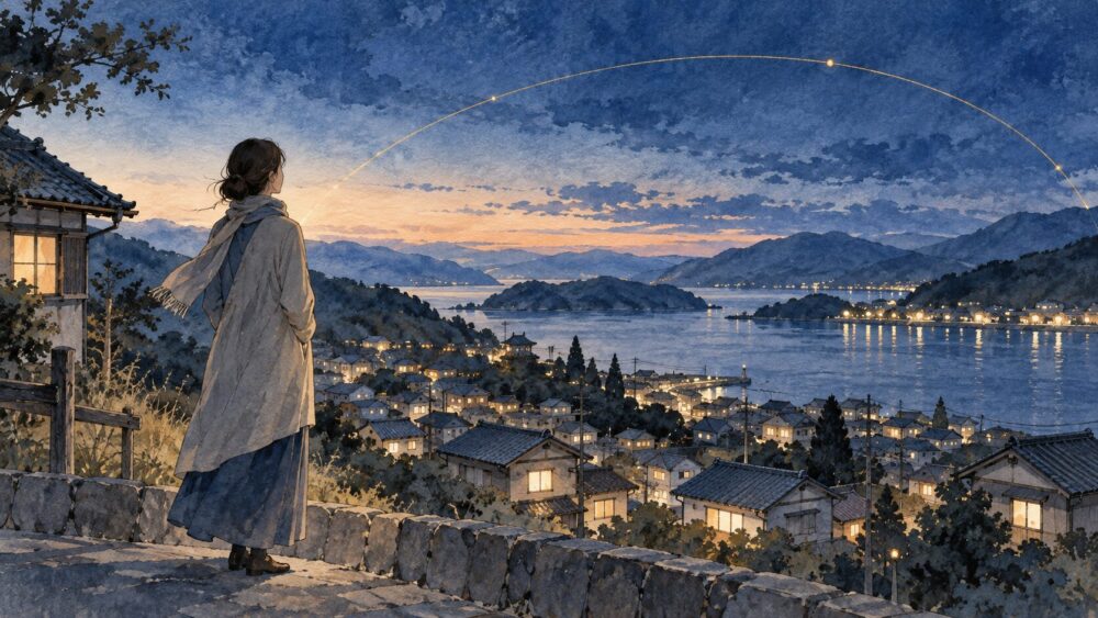 町の灯りと広い空を前に、世界とのつながりを感じる人物。