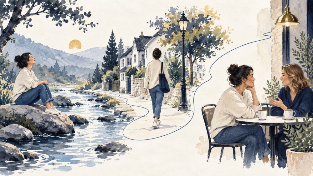 呼吸・散歩・対話の三つの場面を一本の道でつないだイラスト。