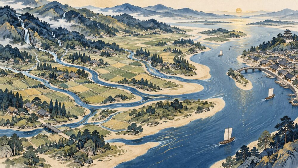 田畑や町を流れる水路が一つの川へ合流し、万物のつながりを表す風景。