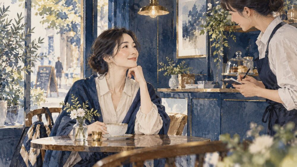 日常のカフェで友人と過ごし、現実の暮らしに戻る女性。