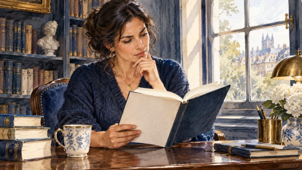 朝の窓辺で体験談を読み、自分の感覚と照らし合わせる女性。
