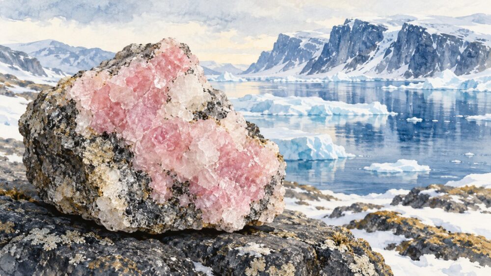 グリーンランドの氷河を背景にした淡いピンクのツグツパイト原石