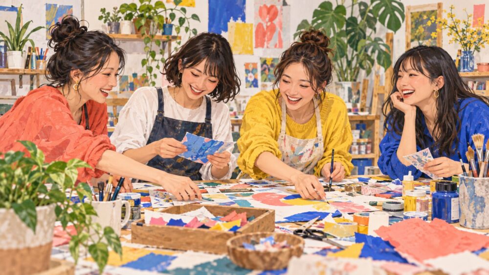 週末のアトリエで一緒に創作を楽しむ友人たち。