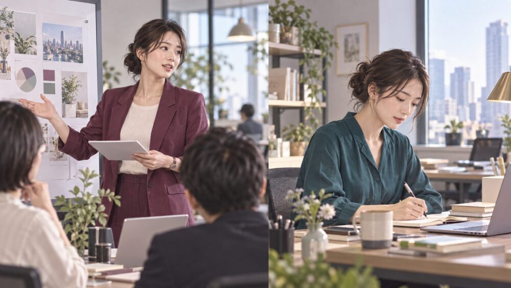 職場でそれぞれのペースで働く二人の女性。