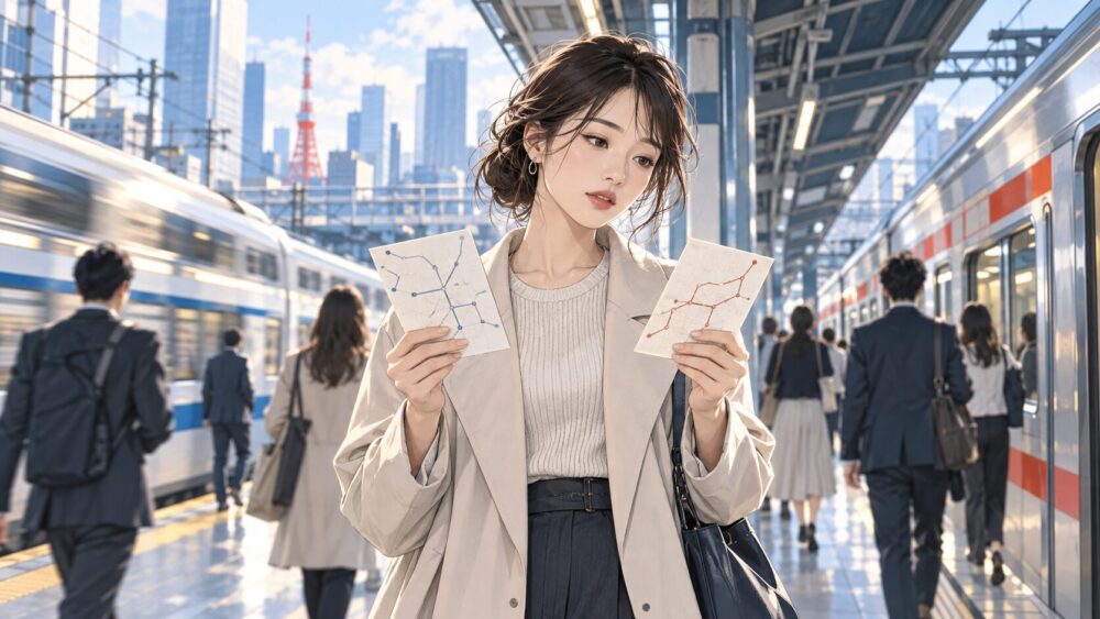 駅のホームでこれからの選択を考える女性。