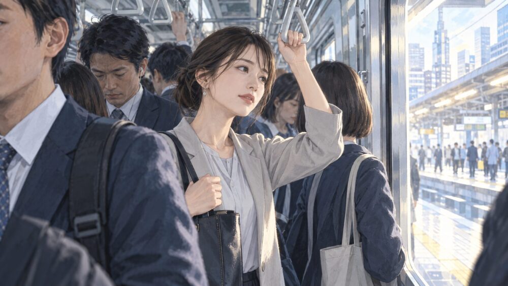混雑した通勤電車で一息つく女性。